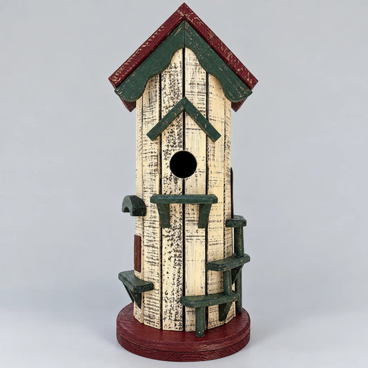 Tall Wooden Birdhouse Tower, Cream with Red & Green Roof – Free-Standing, 51 cm