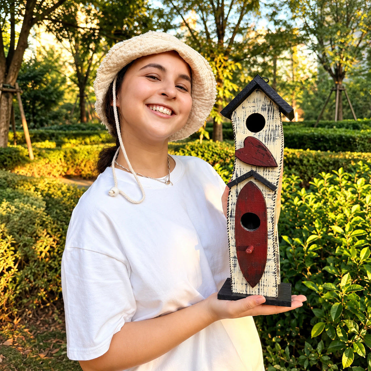 Tall Slim Birdhouse, White with Dark Brown Roof – 16.1 in