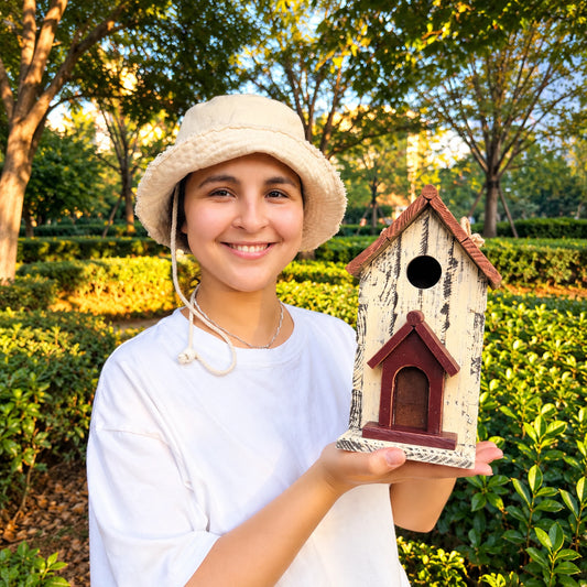 Cream Wooden Birdhouse with Red Door – Rustic Bird House, view 2 of 7