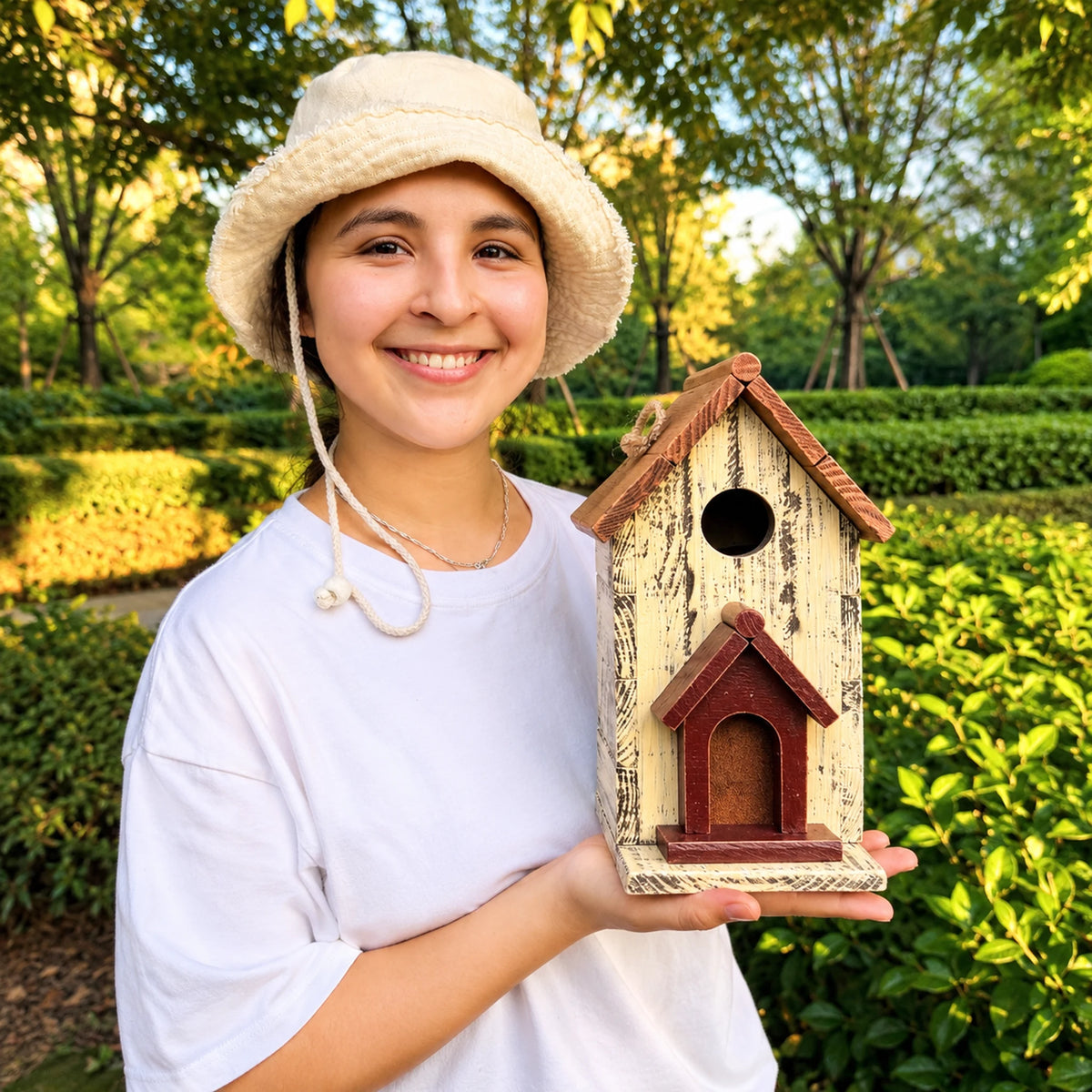 Hanging Birdhouse, White with Mustard Roof – 10.6 in Bird House
