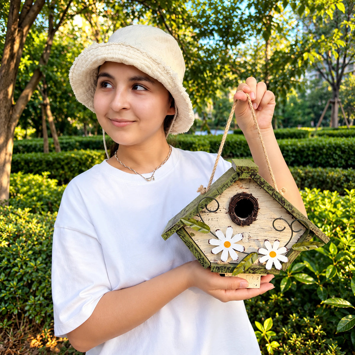Wide Birdhouse, White with Green Roof – 10.2 in Bird House