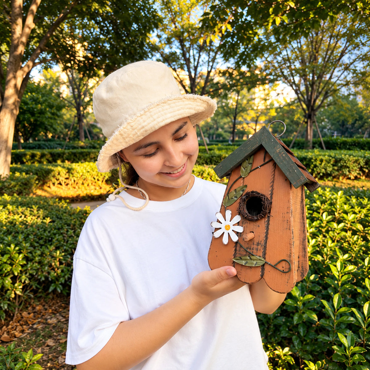Hanging Birdhouse, Mustard with Metal Roof – 10.6 in Bird House