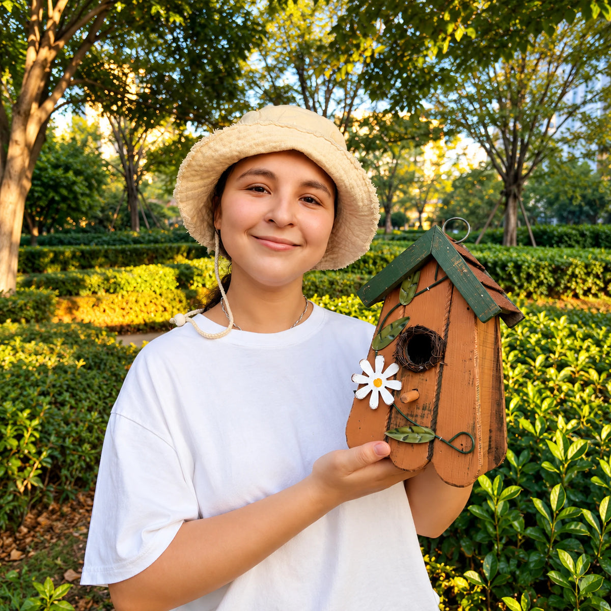Hanging Birdhouse, Mustard with Metal Roof – 10.6 in Bird House