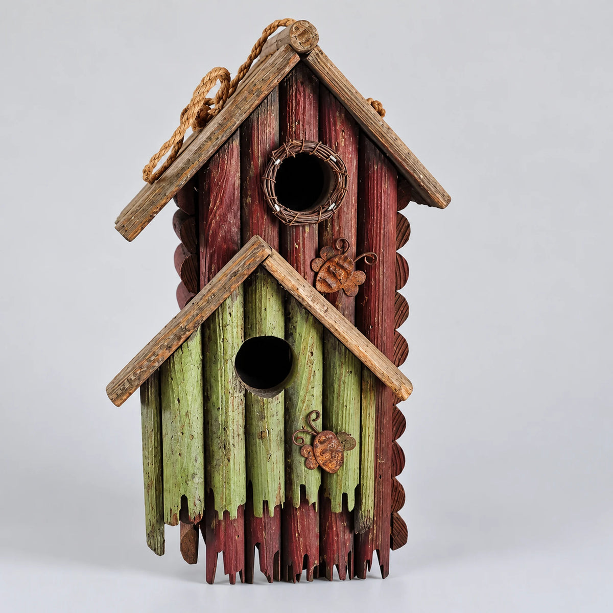Hanging Birdhouse, Red and Green with Mustard Roof – 13 in
