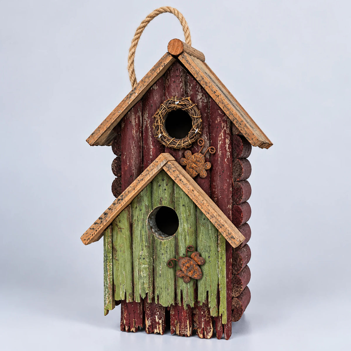 Hanging Birdhouse, Red and Green with Mustard Roof – 13 in