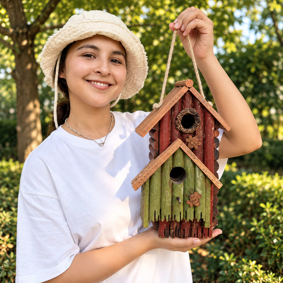 Hanging Birdhouse, Red and Green with Mustard Roof – 13 in