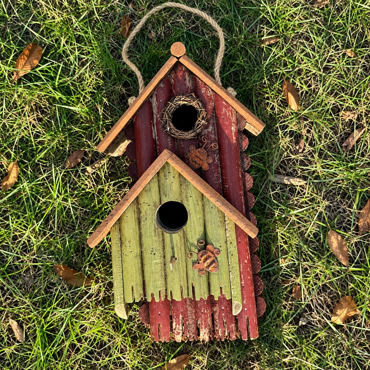 Hanging Birdhouse, Red and Green with Mustard Roof – 13 in