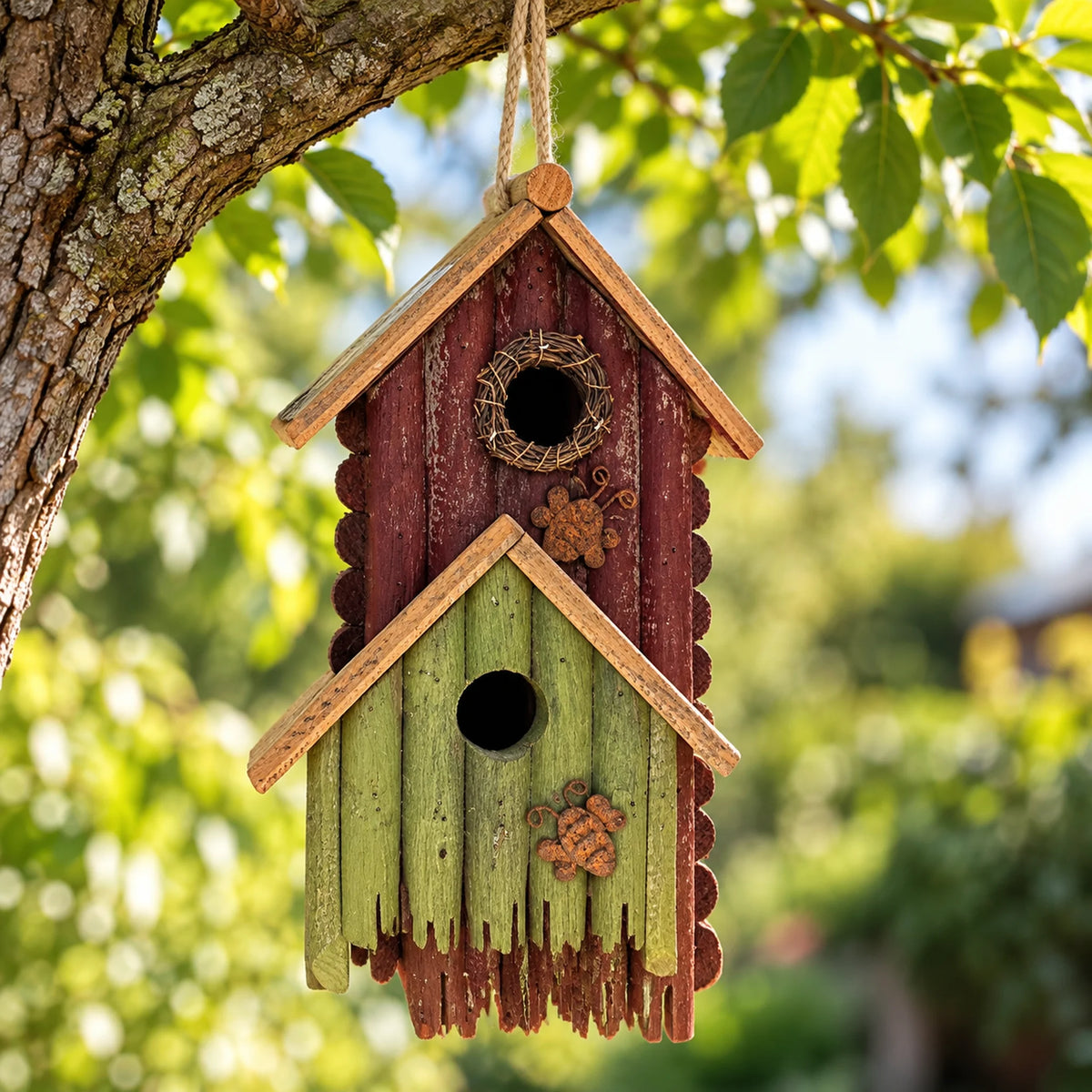 Hanging Birdhouse, Red and Green with Mustard Roof – 13 in