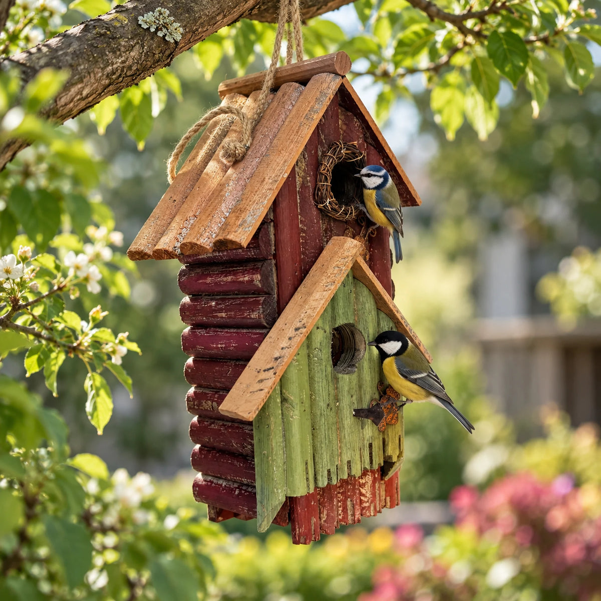 Hanging Birdhouse, Red and Green with Mustard Roof – 13 in