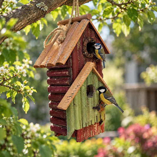 Rustic Double-Roof Wooden Birdhouse, Red & Green – 2 Entrances, view 2 of 8