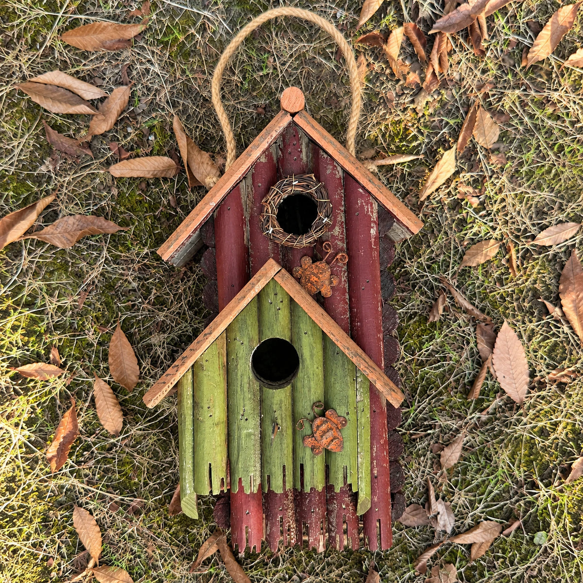 Hanging Birdhouse, Red and Green with Mustard Roof – 13 in