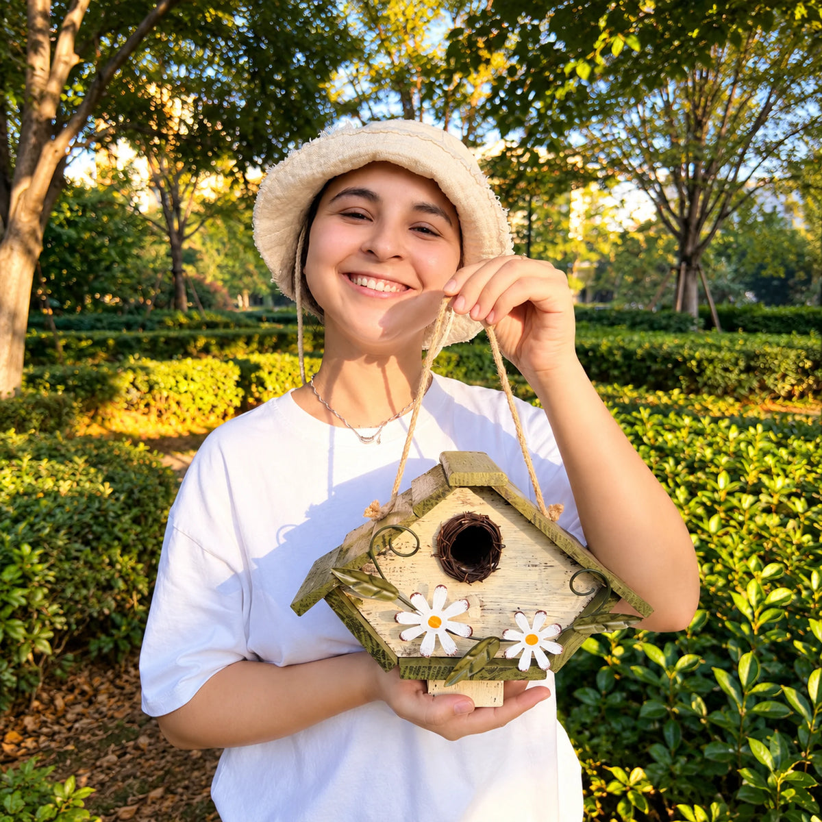 Wide Birdhouse, White with Green Roof – 10.2 in Bird House