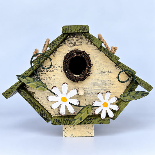 Diamond-Shaped Wooden Birdhouse with Daisies, Cream & Green, 26 cm
