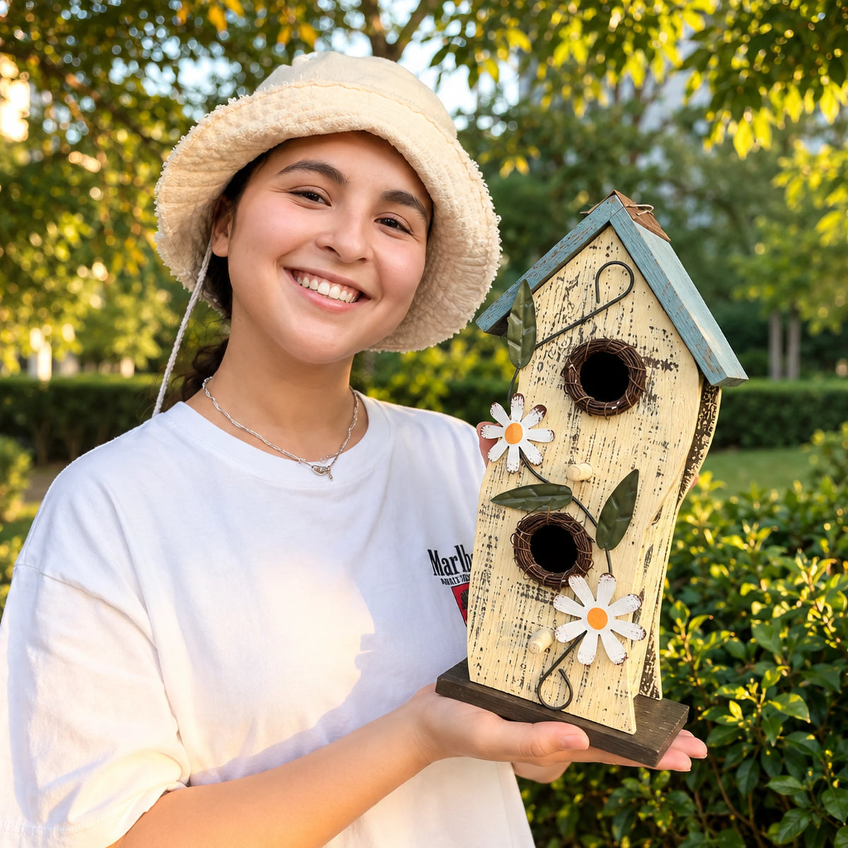 Hanging Birdhouse, White with Blue Roof – 13 in Bird House