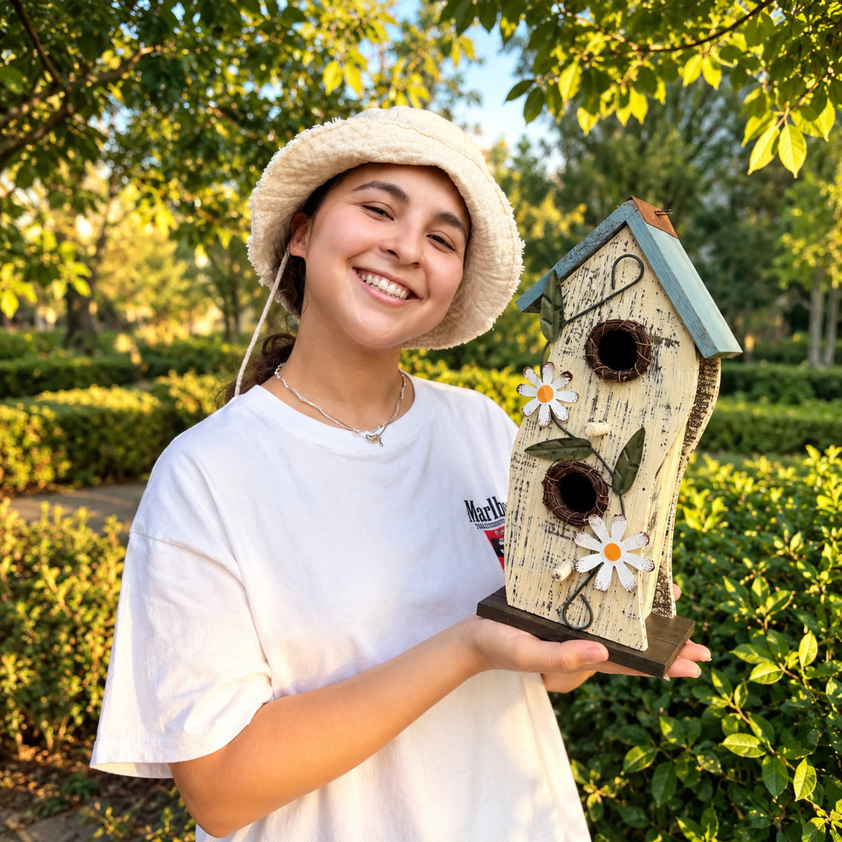 Hanging Birdhouse, White with Blue Roof – 13 in Bird House