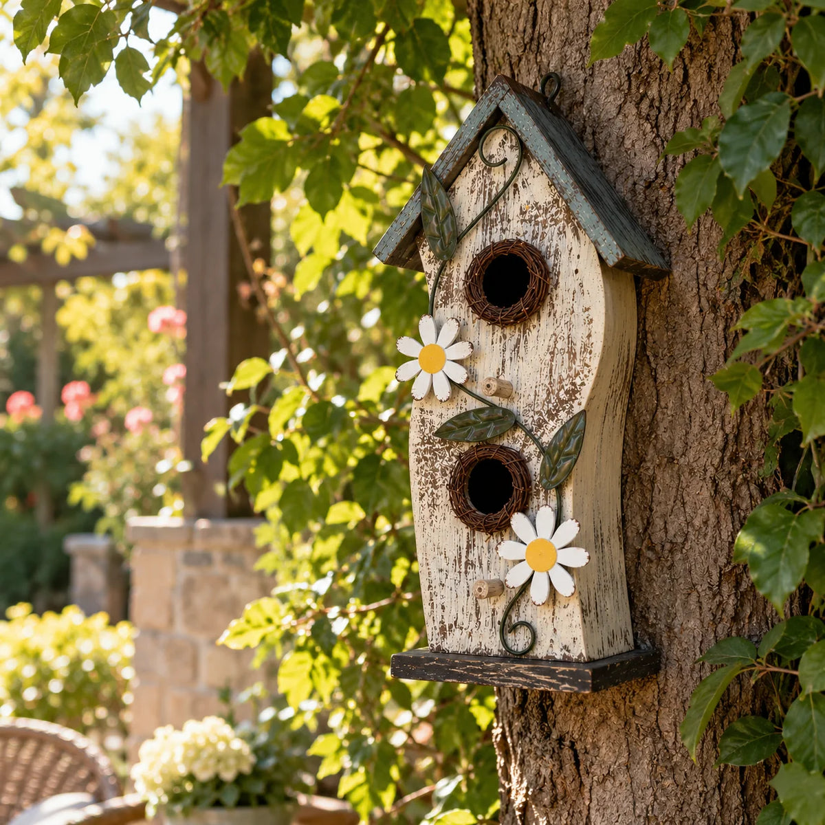 Hanging Birdhouse, White with Blue Roof – 13 in Bird House