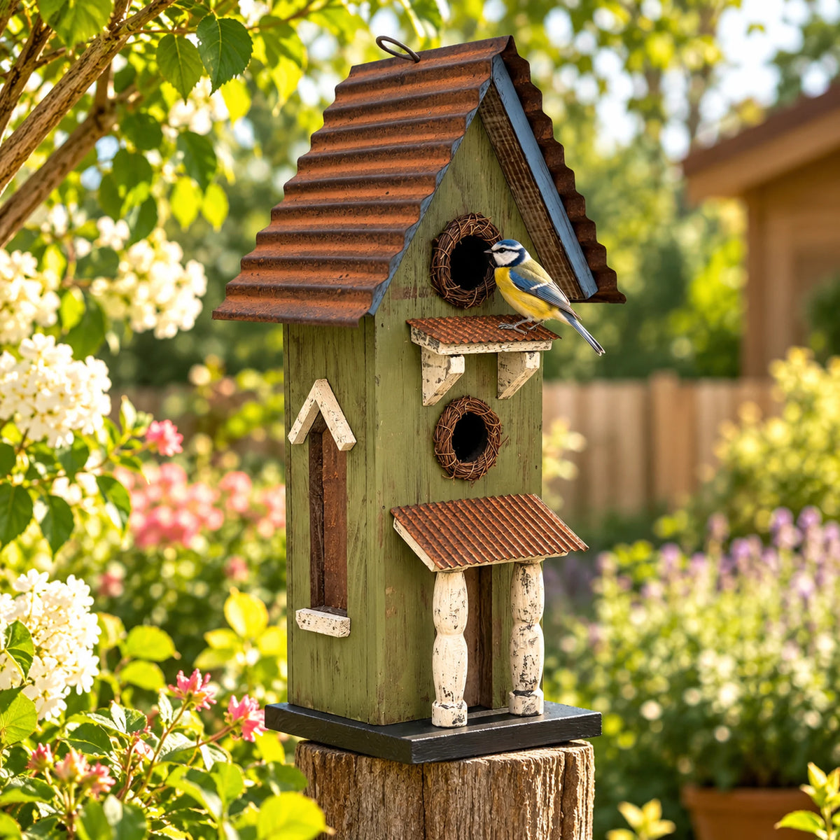 Hanging Birdhouse, Green with Metal Roof – 16.5 in Bird House