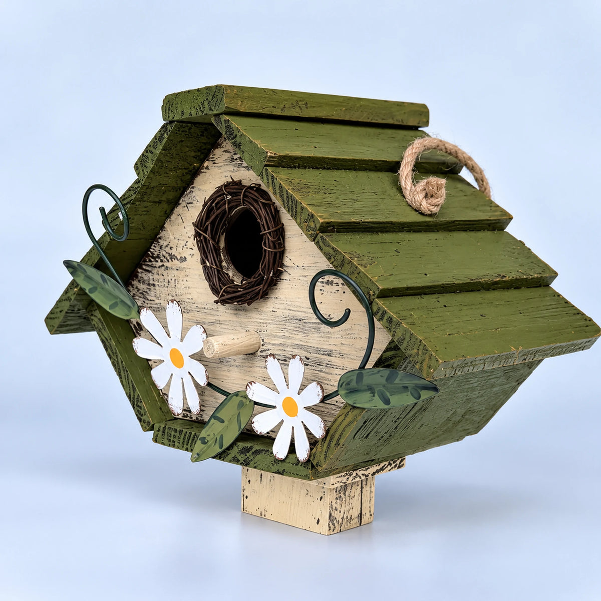 Wide Birdhouse, White with Green Roof – 10.2 in Bird House