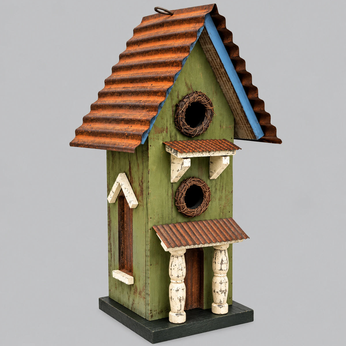 Hanging Birdhouse, Green with Metal Roof – 16.5 in Bird House