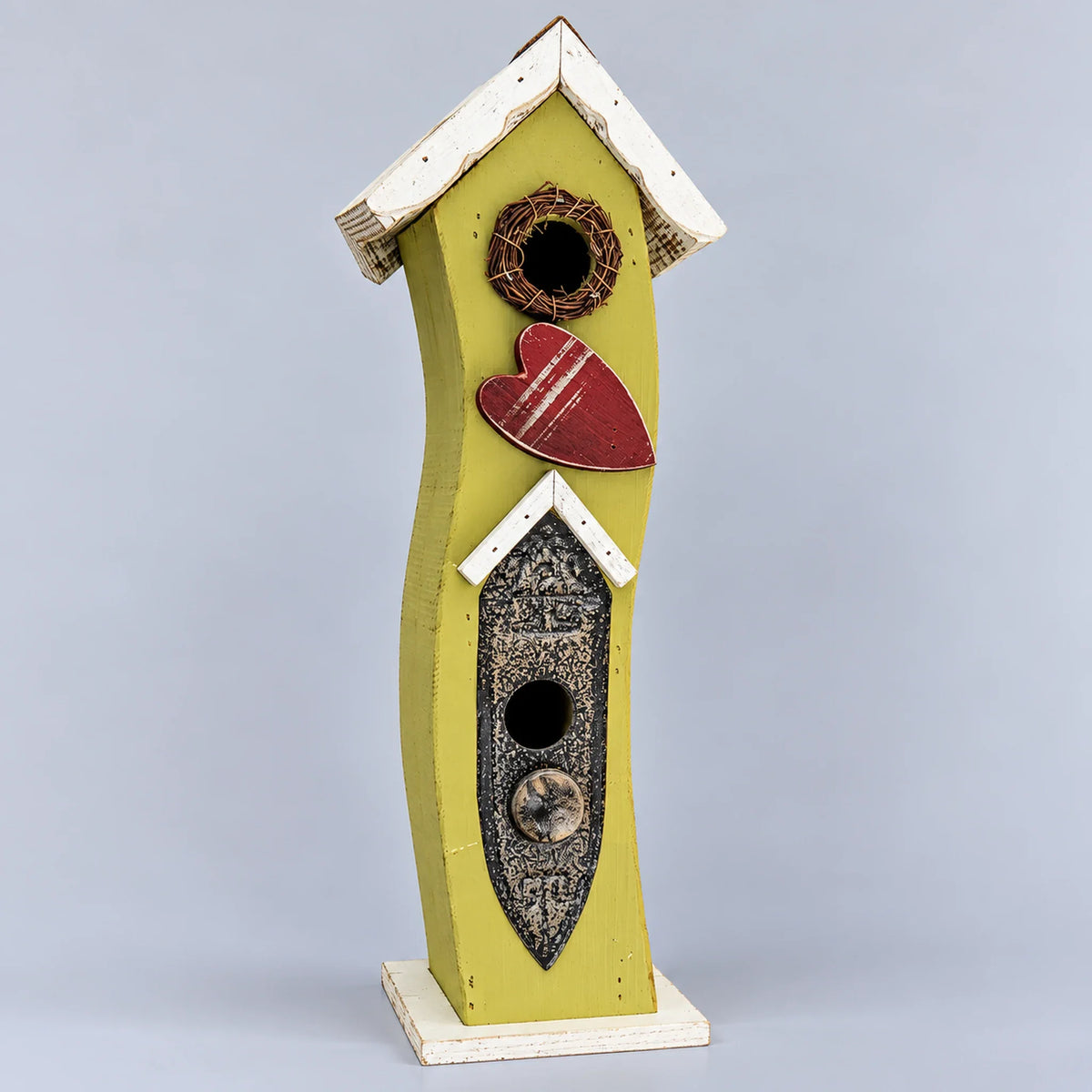 Lime green tall slim birdhouse with red heart