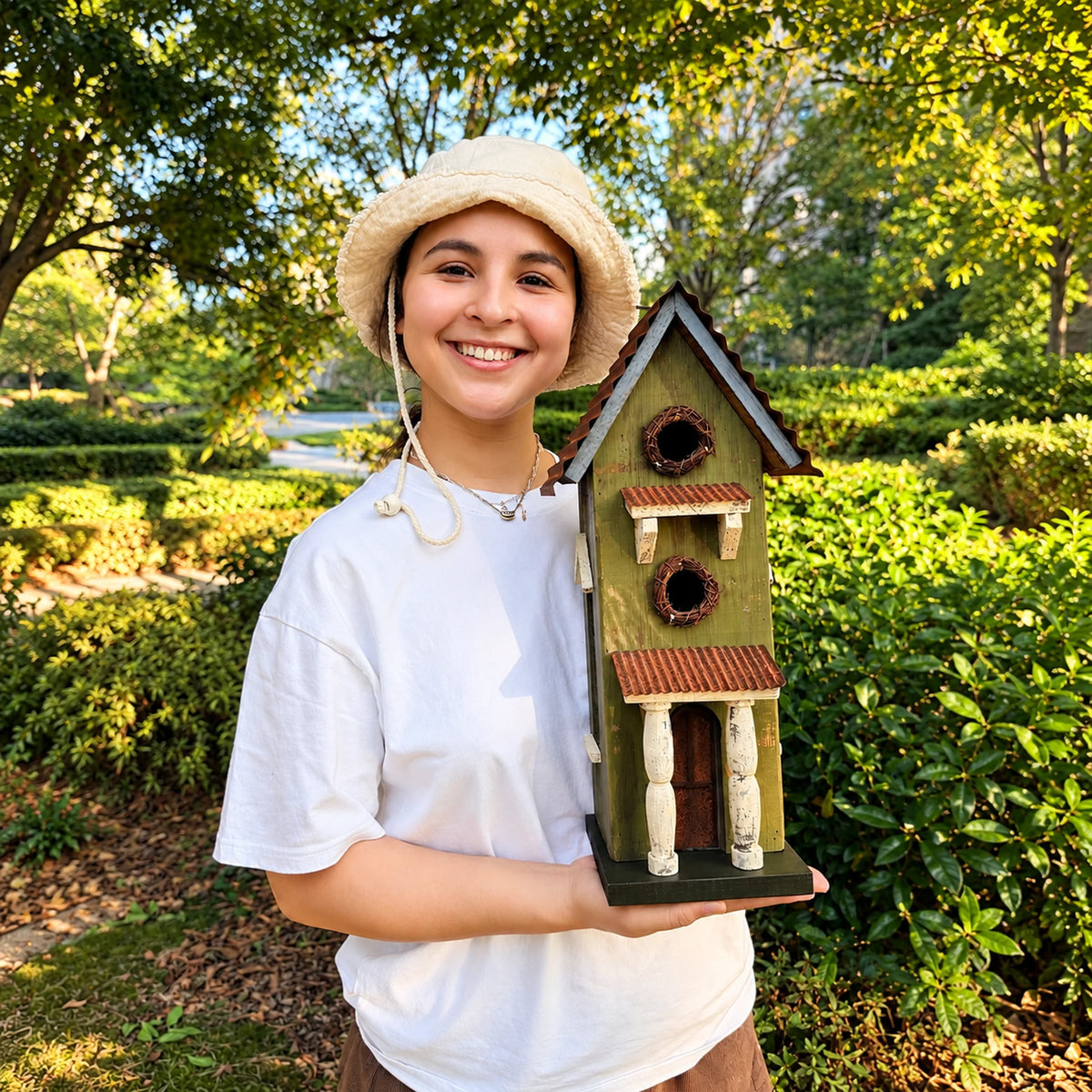 Hanging Birdhouse, Green with Metal Roof – 16.5 in Bird House