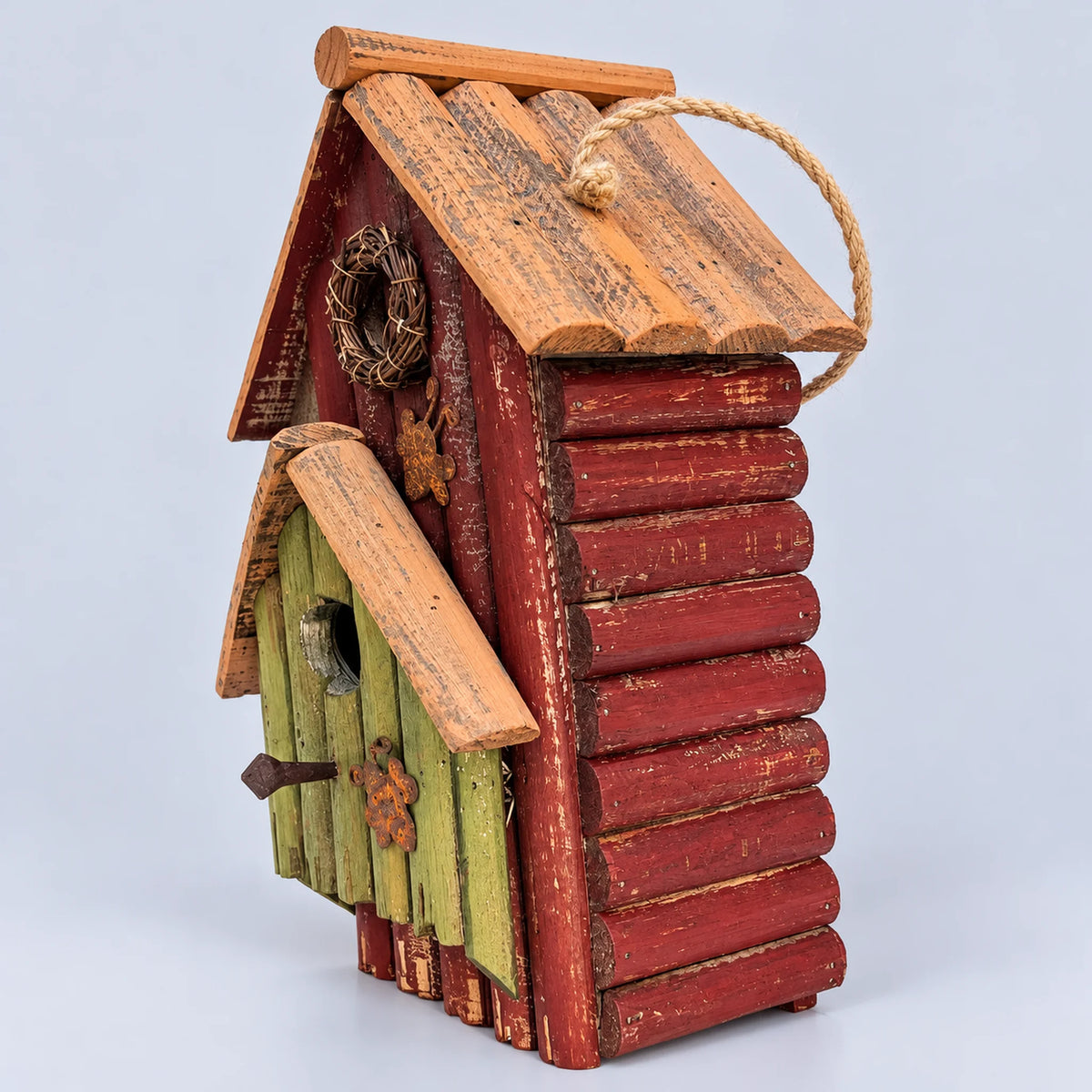 Hanging Birdhouse, Red and Green with Mustard Roof – 13 in