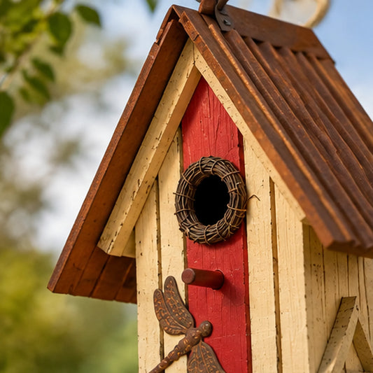 Tall Wooden Birdhouse with Dragonflies, Cream & Red – 2 Entrances, view 2 of 8