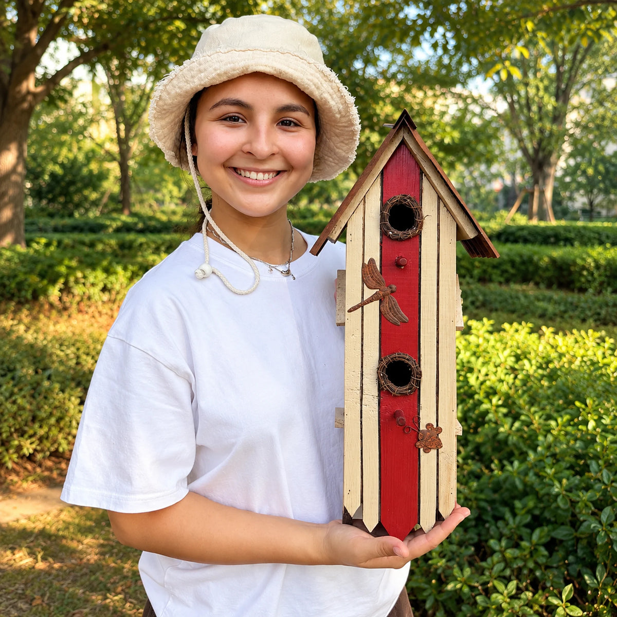 Hanging Birdhouse, White with Metal Roof – 19.3 in Bird House