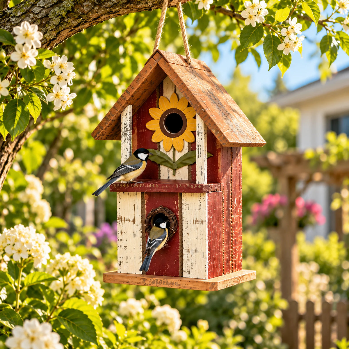 Hanging Birdhouse, Red with Mustard Roof – 14.2 in Bird House