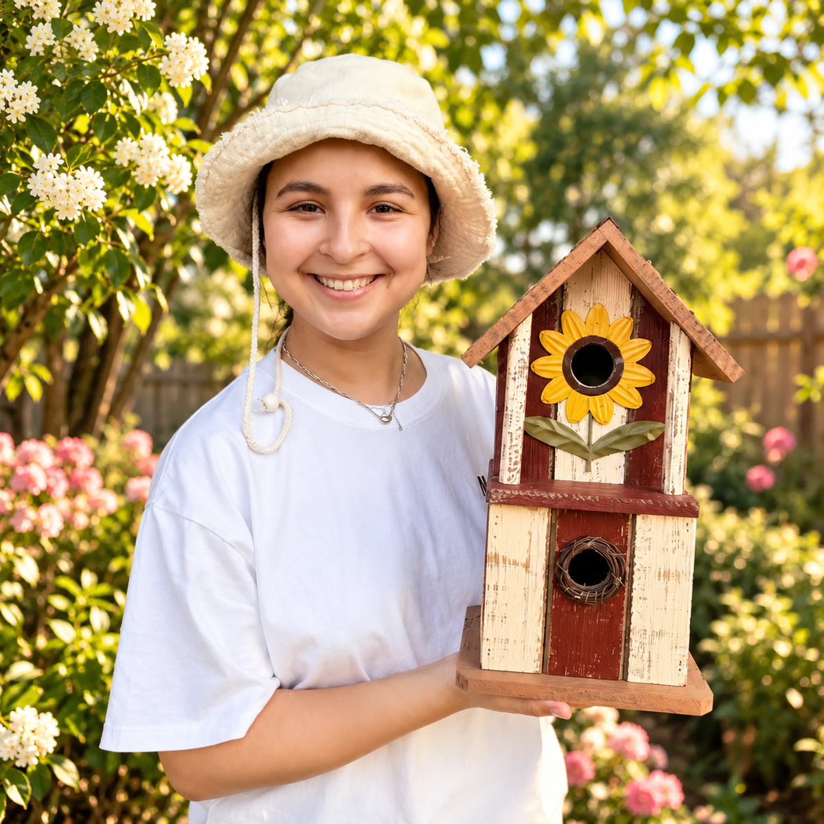 Hanging Birdhouse, Red with Mustard Roof – 14.2 in Bird House