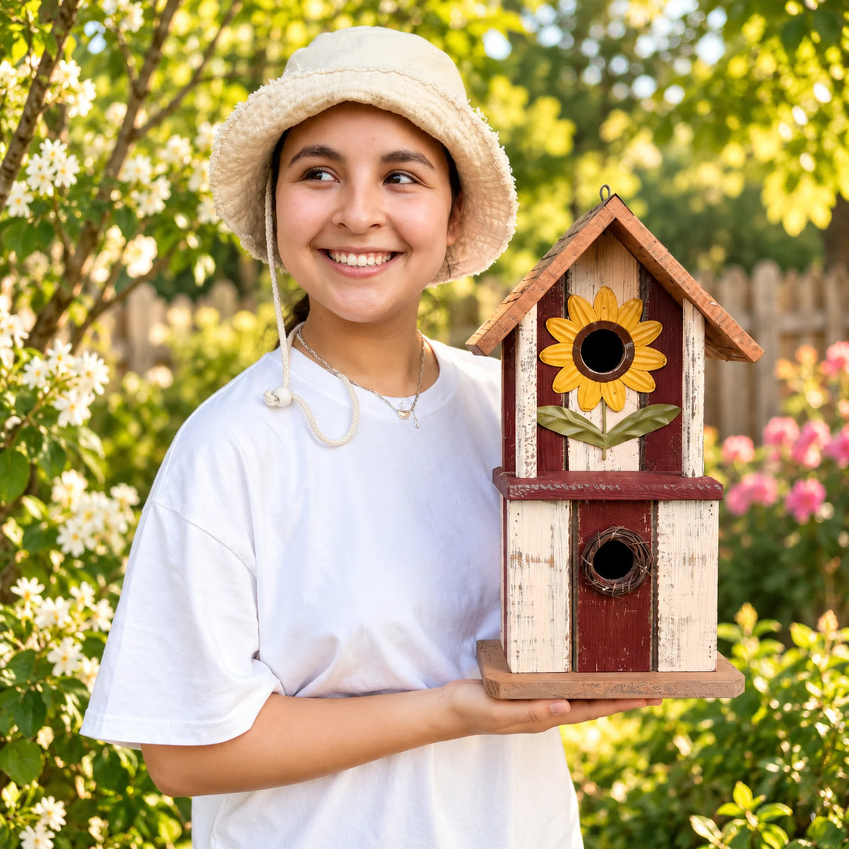 Hanging Birdhouse, Red with Mustard Roof – 14.2 in Bird House