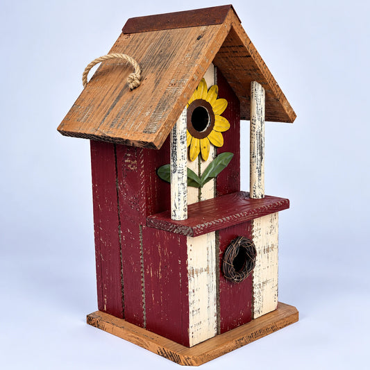 Red Wooden Birdhouse with Sunflower Porch – Hanging Bird House, 36 cm