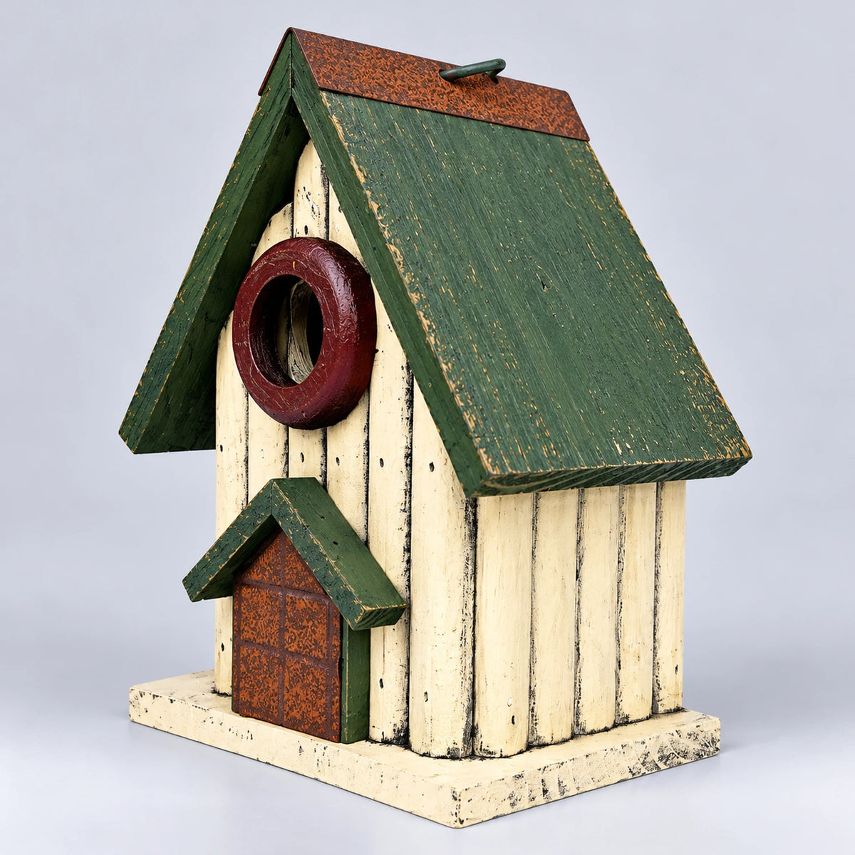 Small Birdhouse, White with Green Roof – 8.7 in Bird House