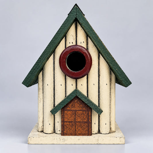 Small Cream Wooden Birdhouse with Green Roof & Red Door, 22 cm