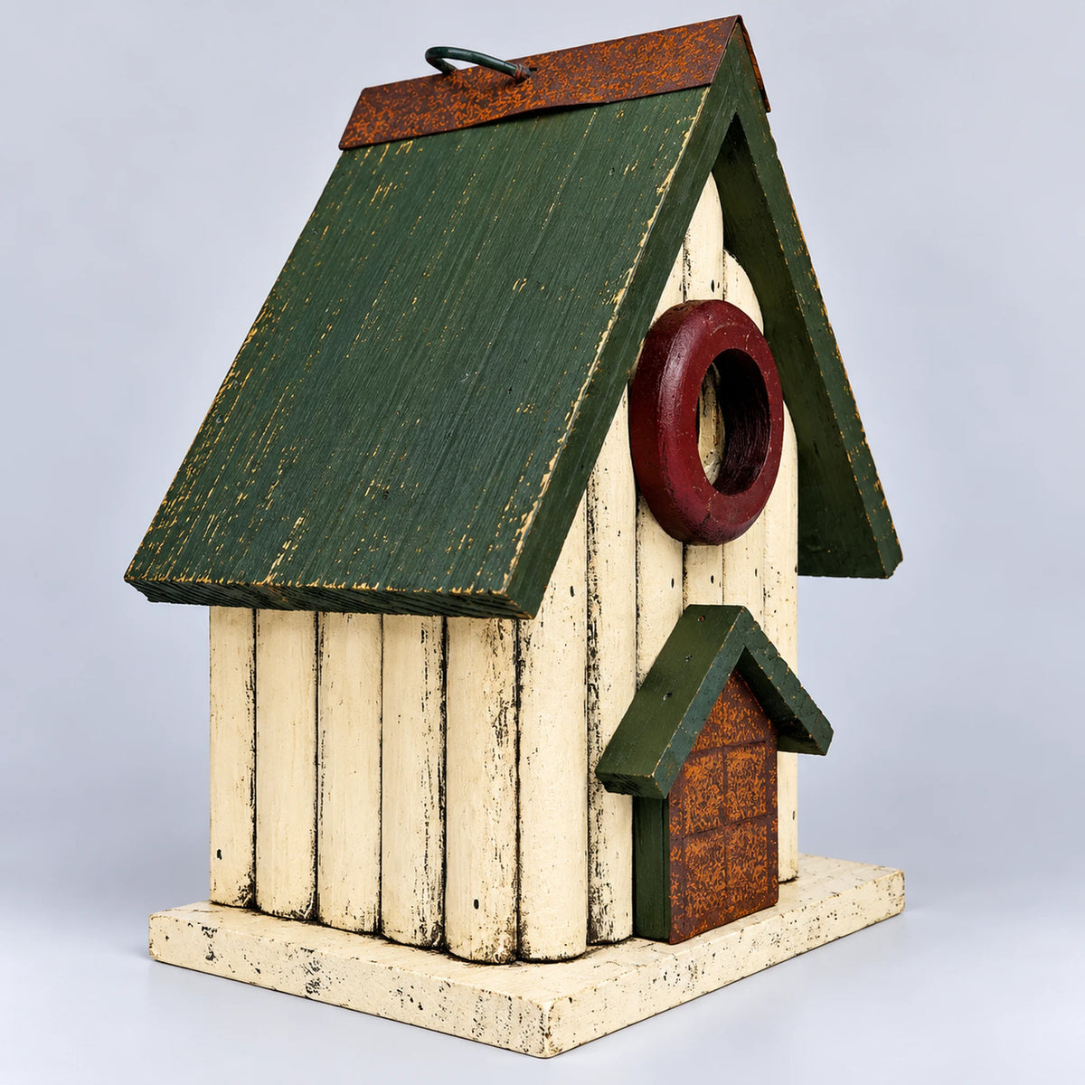 Small Birdhouse, White with Green Roof – 8.7 in Bird House