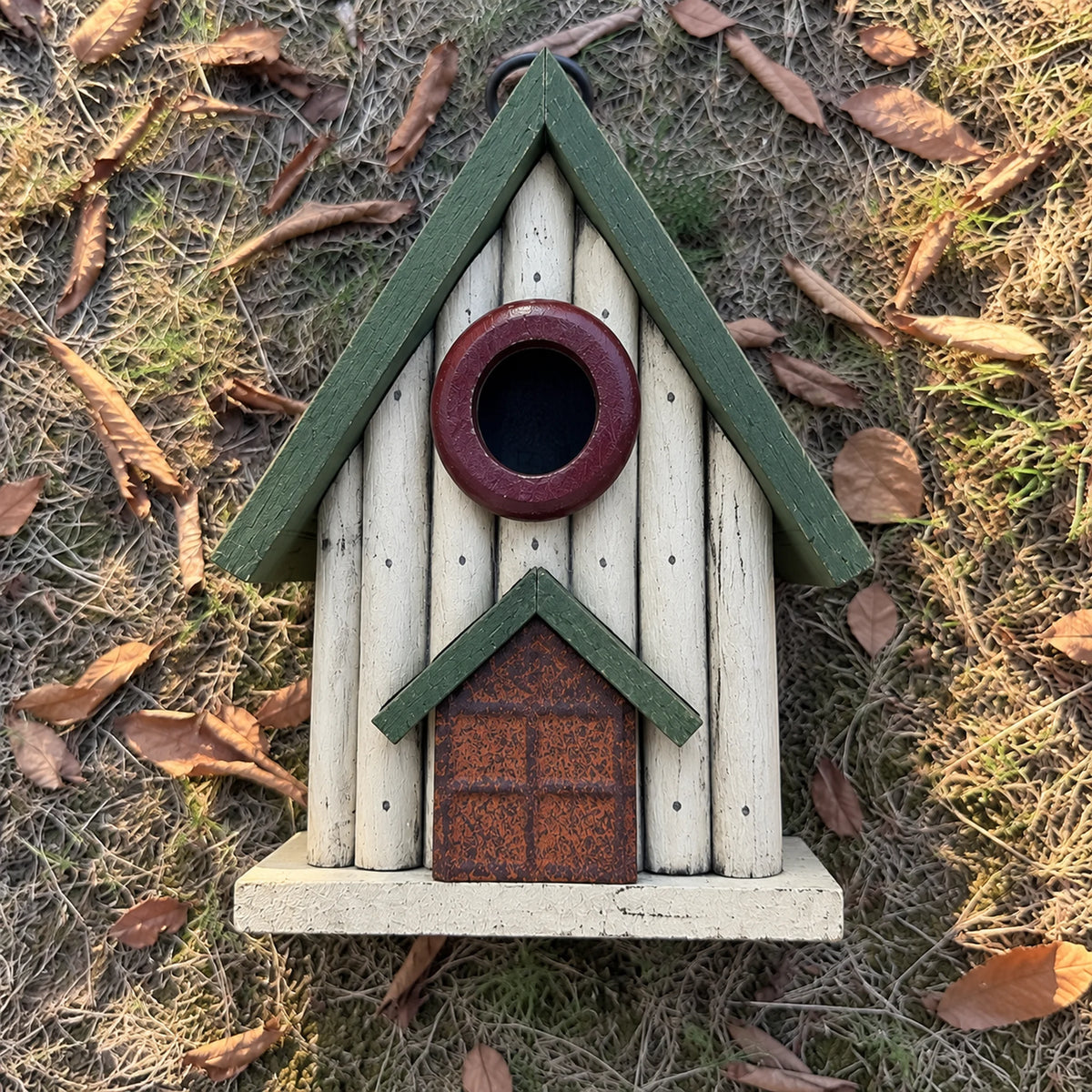 Small Birdhouse, White with Green Roof – 8.7 in Bird House