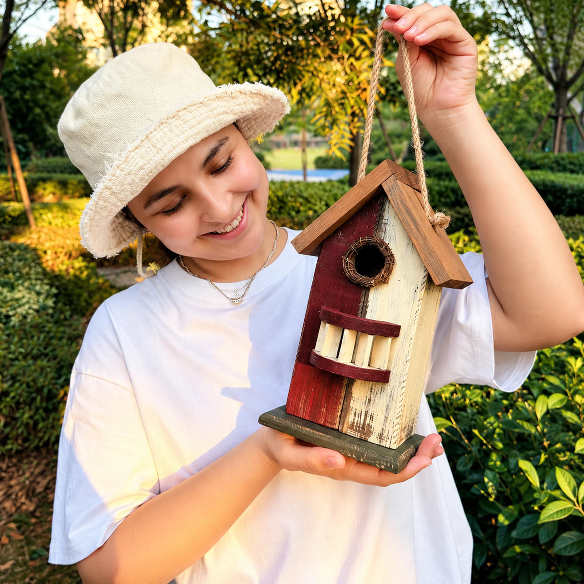 Hanging Birdhouse, White and Red with Mustard Roof – 10.2 in