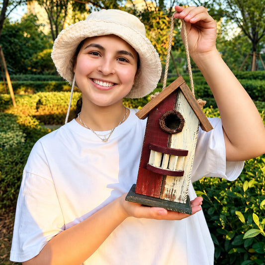 Red & Cream Wooden Birdhouse with Balcony – Hanging Bird House, view 2 of 5