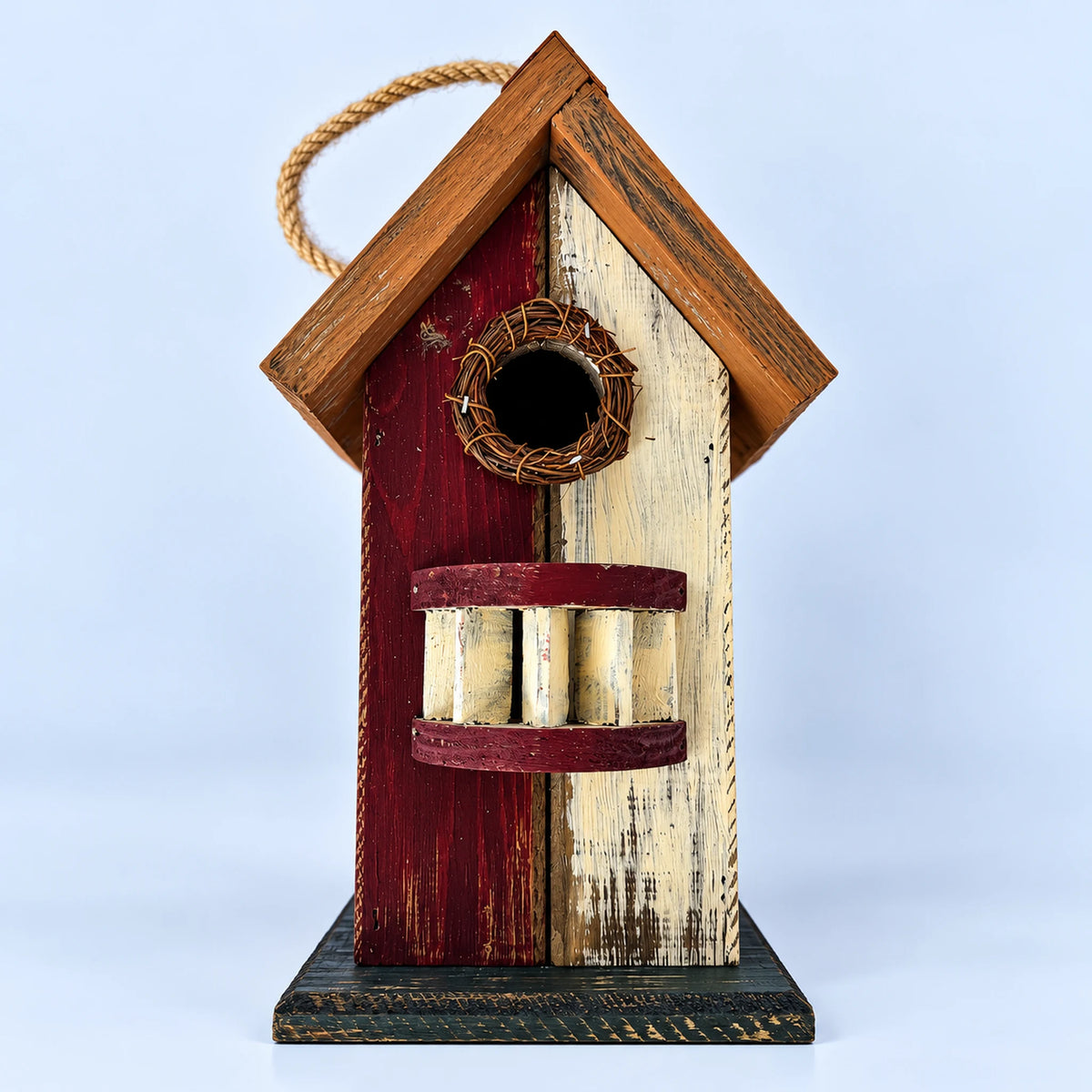 Hanging Birdhouse, White and Red with Mustard Roof – 10.2 in