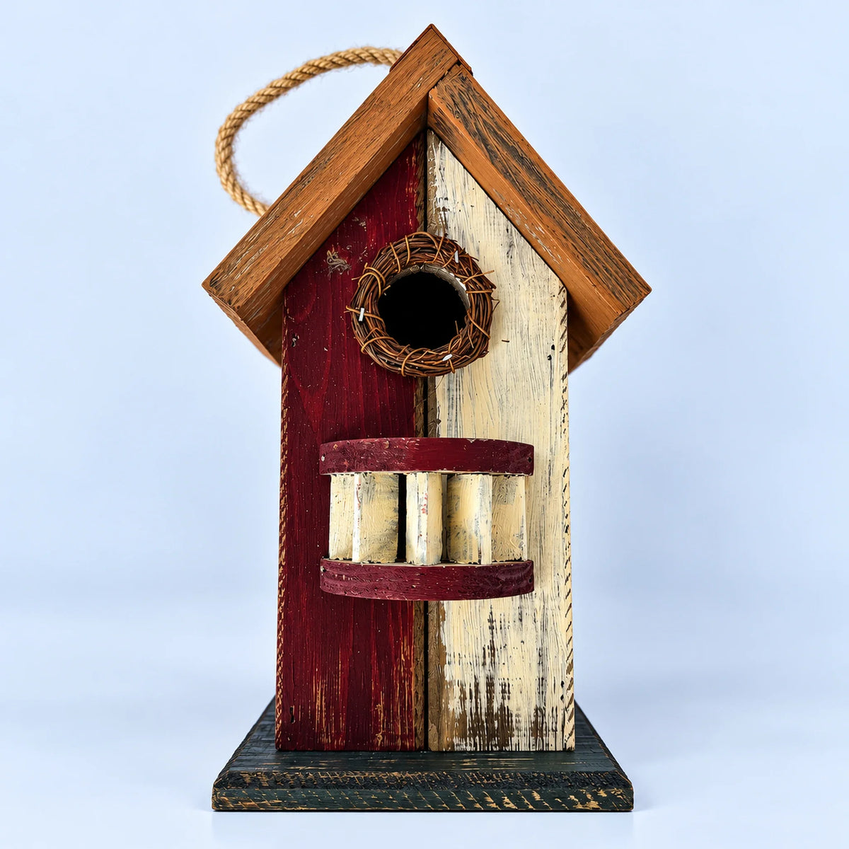 Red and cream wooden birdhouse with balcony