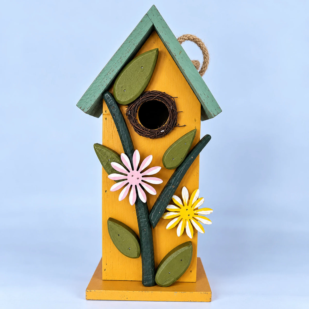 Hanging Birdhouse, Yellow with Blue Roof – 12.6 in Bird House