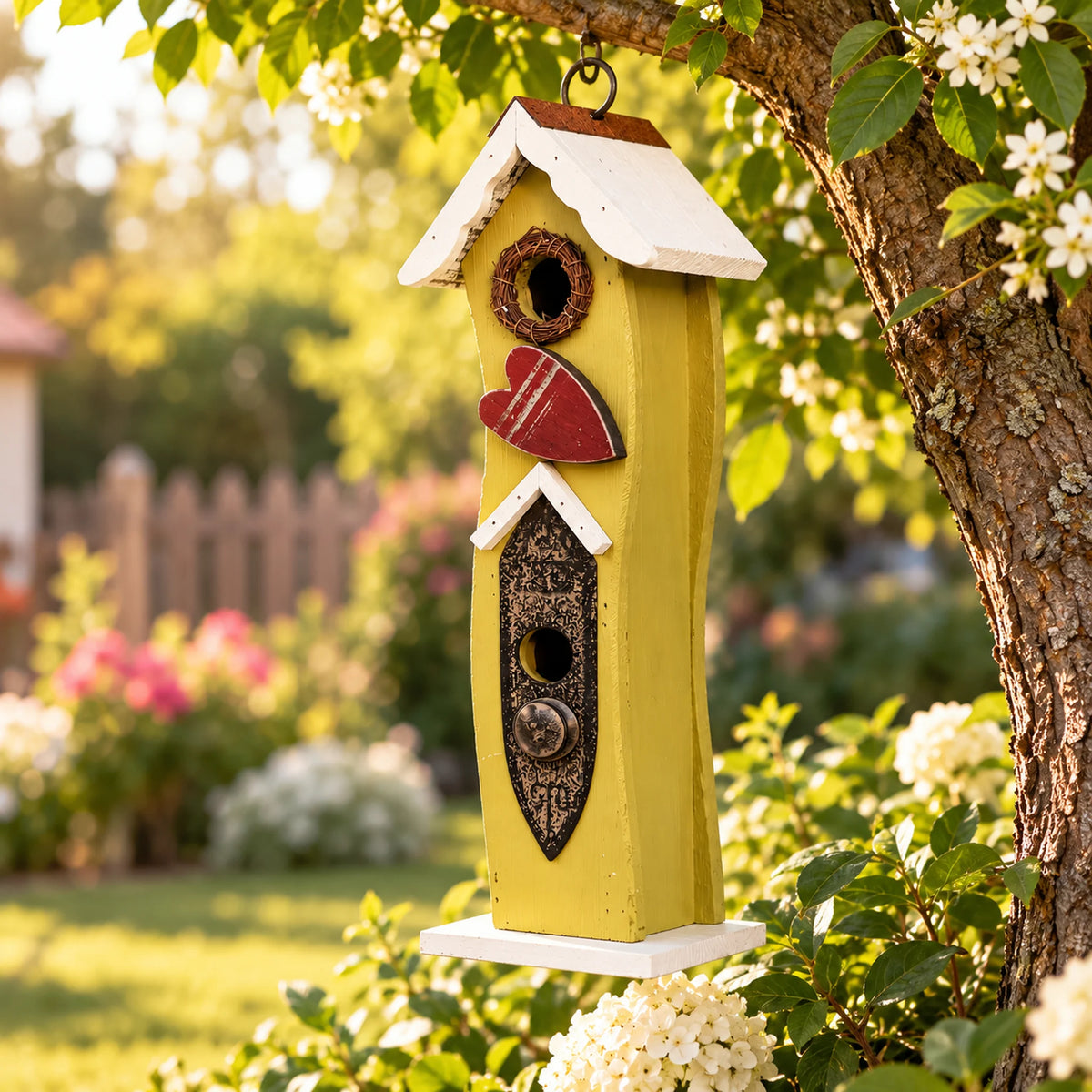 Tall Slim Birdhouse, Green with White Roof – 16.1 in Bird House