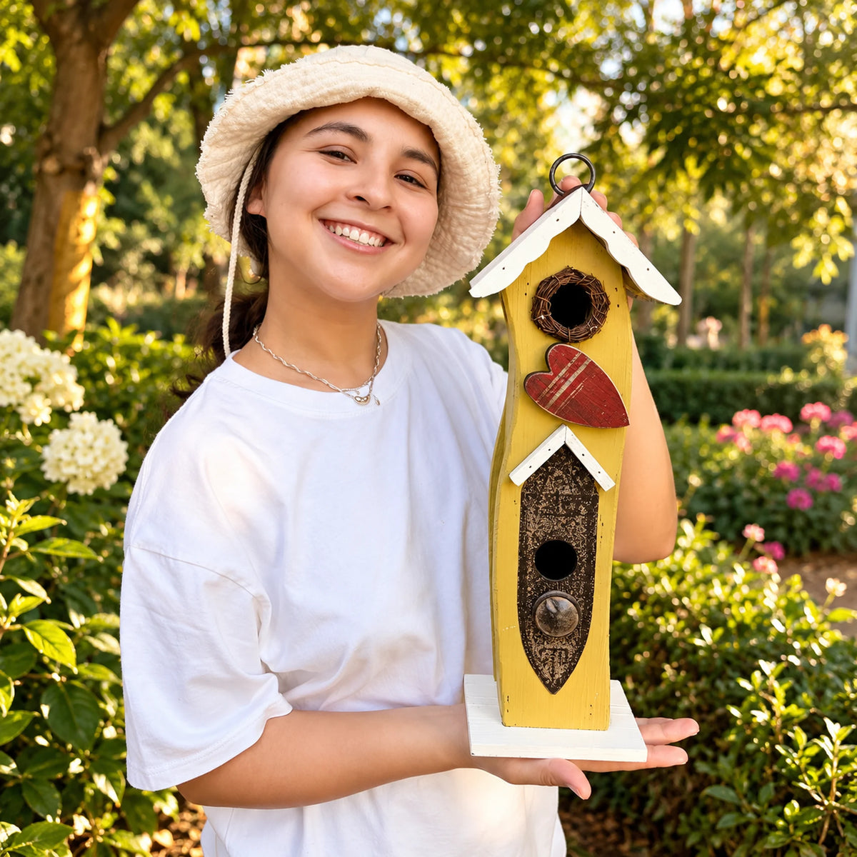 Tall Slim Birdhouse, Green with White Roof – 16.1 in Bird House