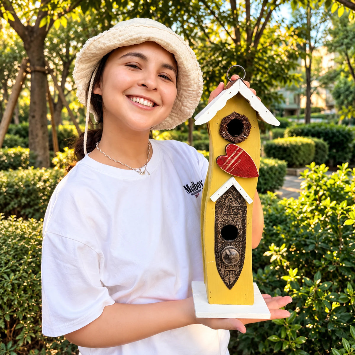 Tall Slim Birdhouse, Green with White Roof – 16.1 in Bird House