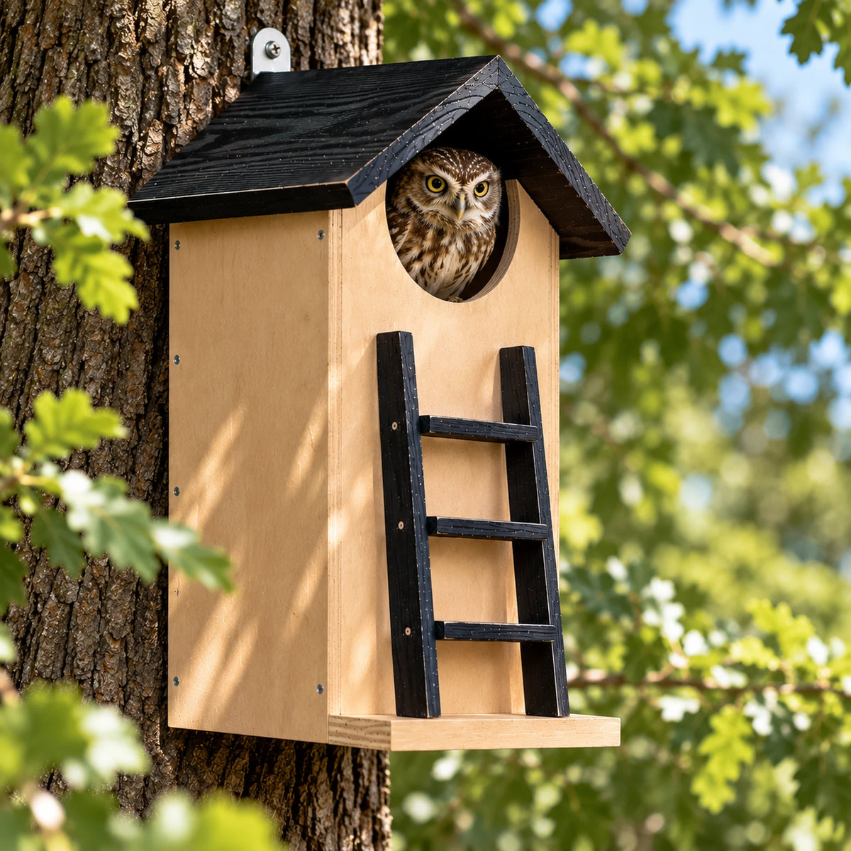 Wooden Owl House, Natural with Black Roof – 18.1 in Nesting Box