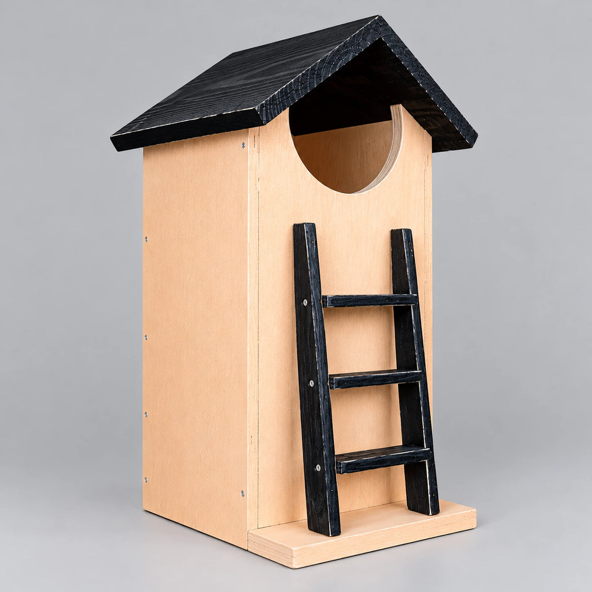 Wooden Owl House, Natural with Black Roof – 18.1 in Nesting Box