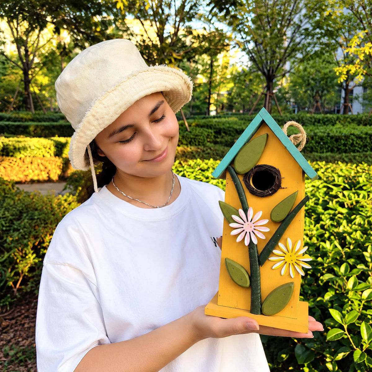 Hanging Birdhouse, Yellow with Blue Roof – 12.6 in Bird House