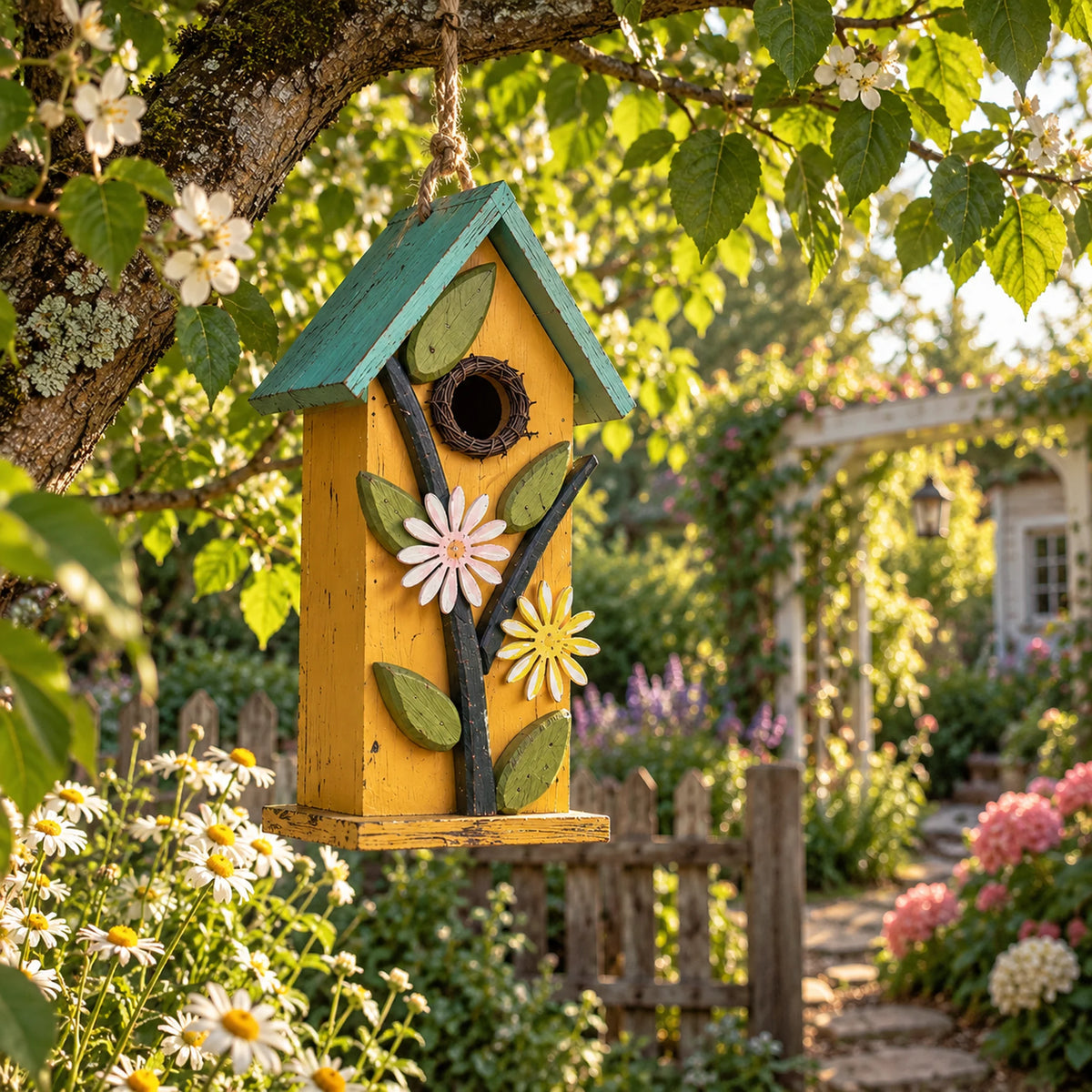 Hanging Birdhouse, Yellow with Blue Roof – 12.6 in Bird House