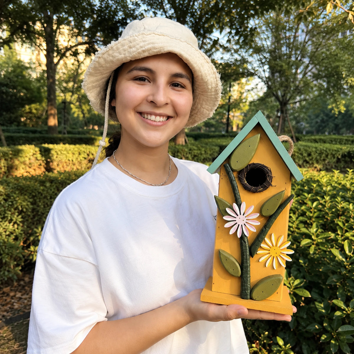 Hanging Birdhouse, Yellow with Blue Roof – 12.6 in Bird House