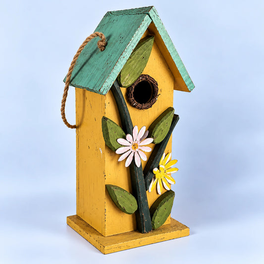 Yellow Wooden Birdhouse with Daisies & Green Roof – Hanging, 32 cm